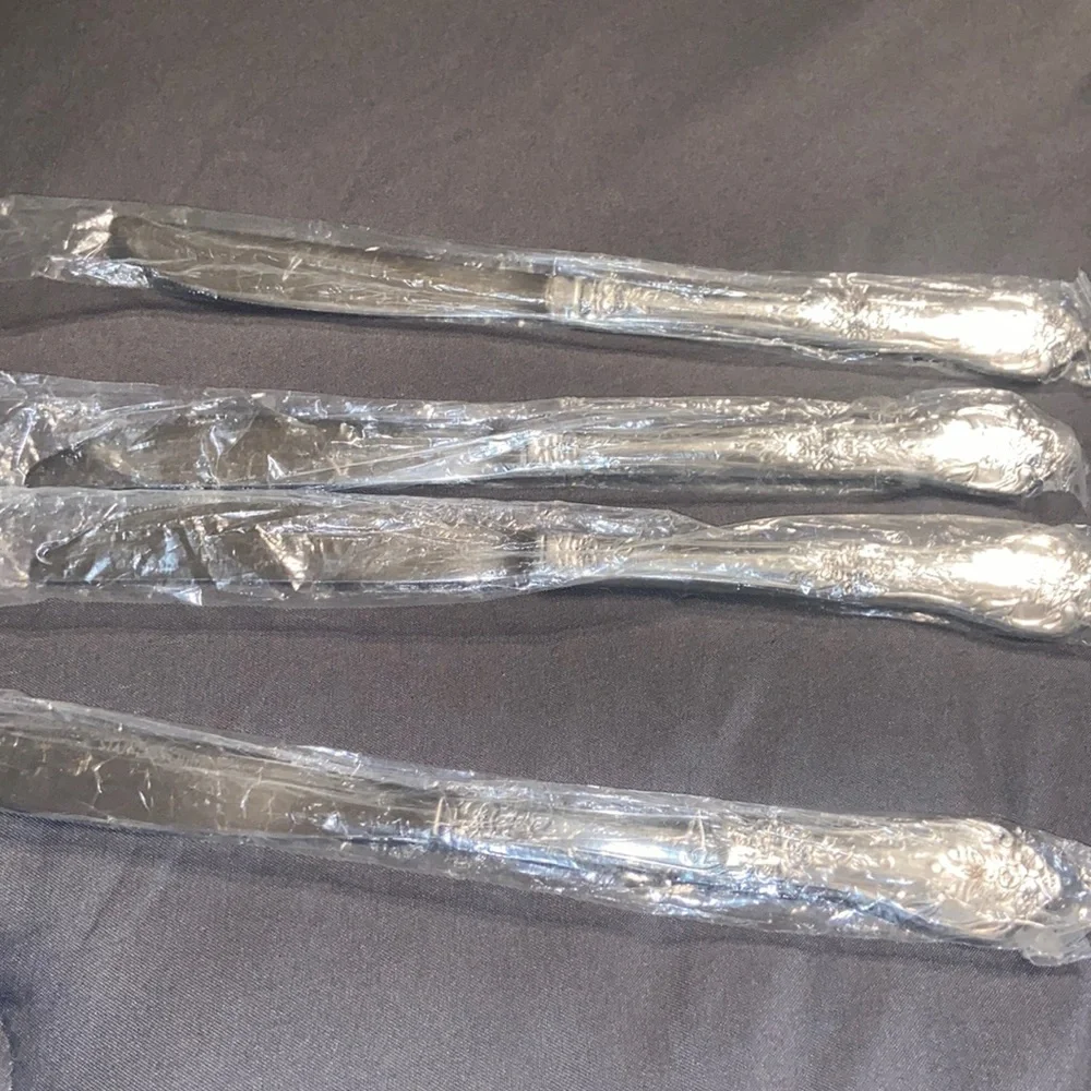 Set of four, new in plastic, stainless steel flatware knives